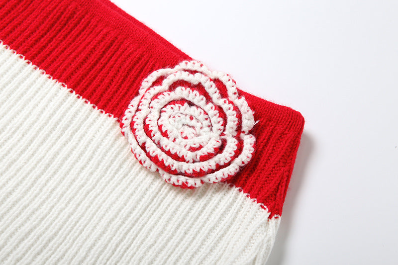 Women's Autumn Sexy Knitting Crochet Halter Neck Camisole Color Block Slim Skirt Set 15