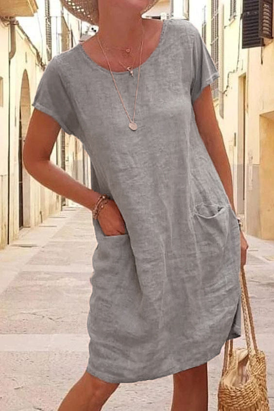 Women Summer Loose Pocket Short Sleeve Round Neck Linen Dress 3