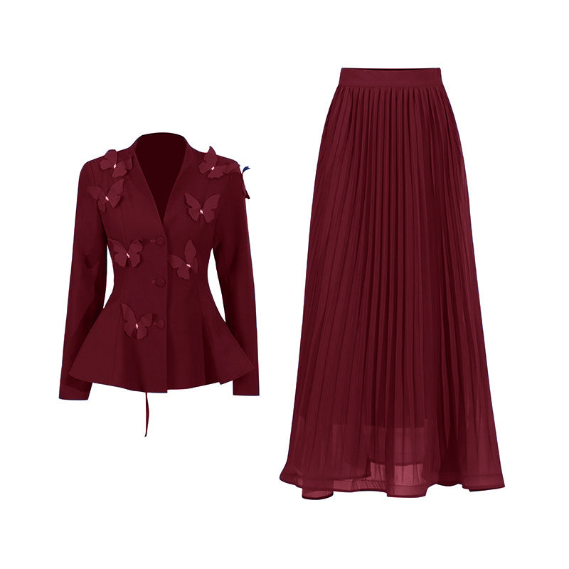 Women Elegant Butterfly Blazer Jacket + Pleated Skirt Two-piece Set 3