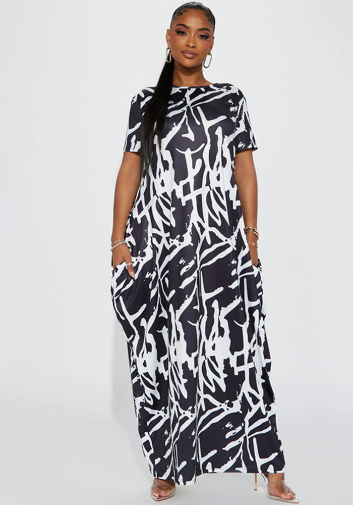 Women Casual Printed Black and White Short-Sleeve Round Neck Maxi Dress