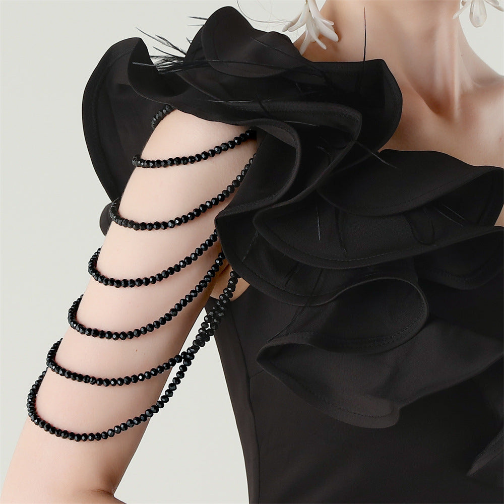 Women One-Shoulder Beaded Wool and Floral Satin Slit Sexy Evening Dress 83