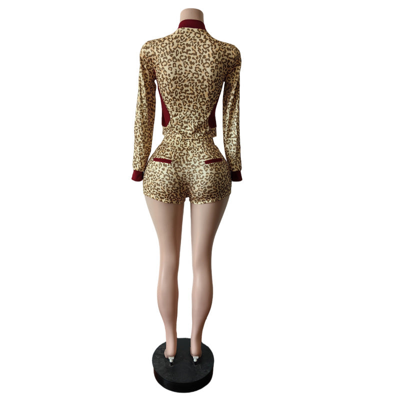 Autumn/Winter Leopard Print Stretch Shorts & Long Sleeve Top Set 7