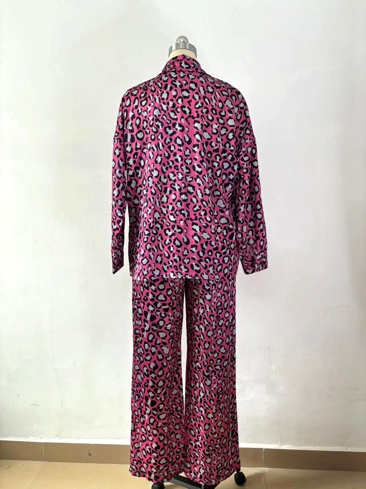 Spring Fashion Casual Women's Leopard Print Long Sleeve Shirt Pants Two Piece Set 15
