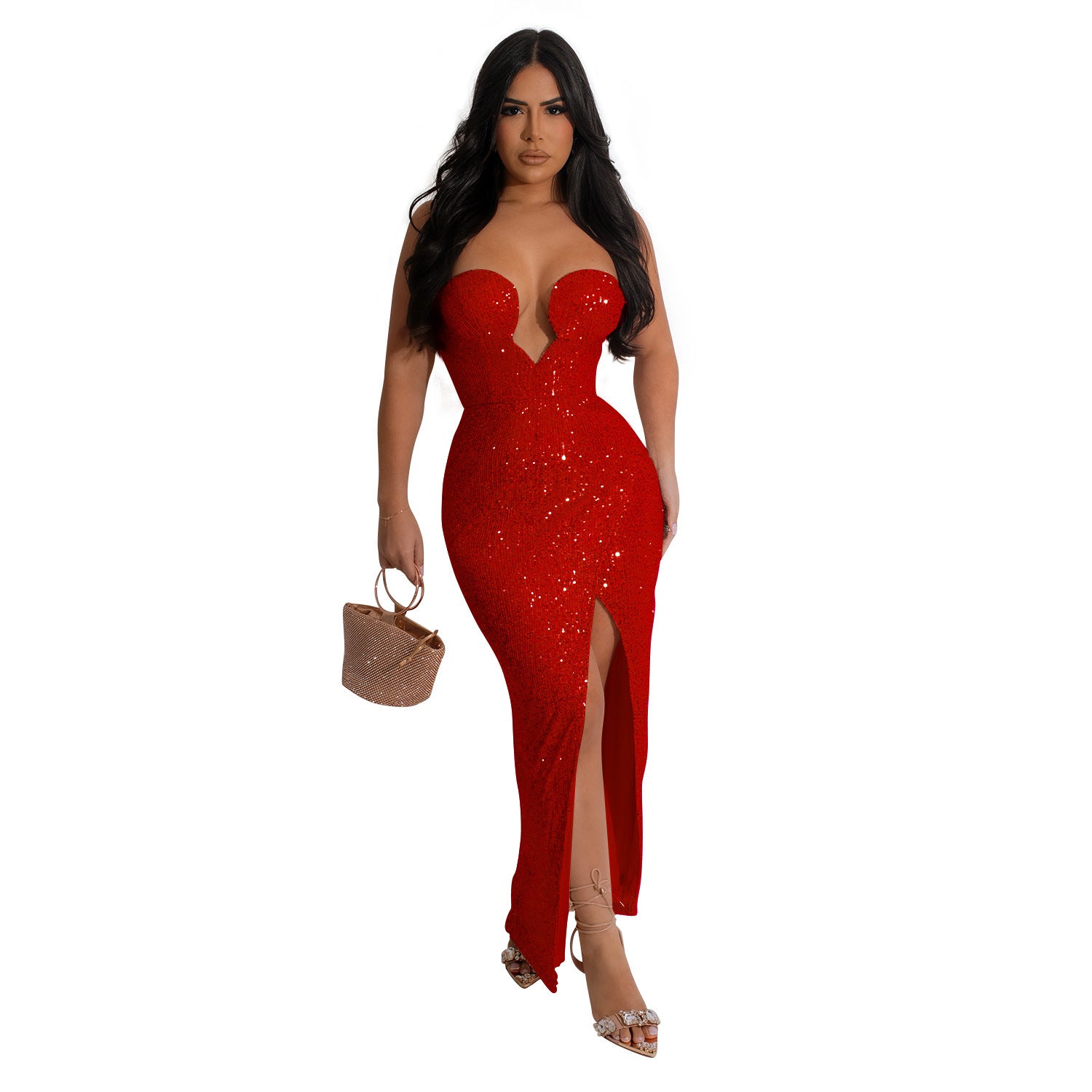Fashion Women's Solid Color Sexy Sequin Low Back Long Dress 13
