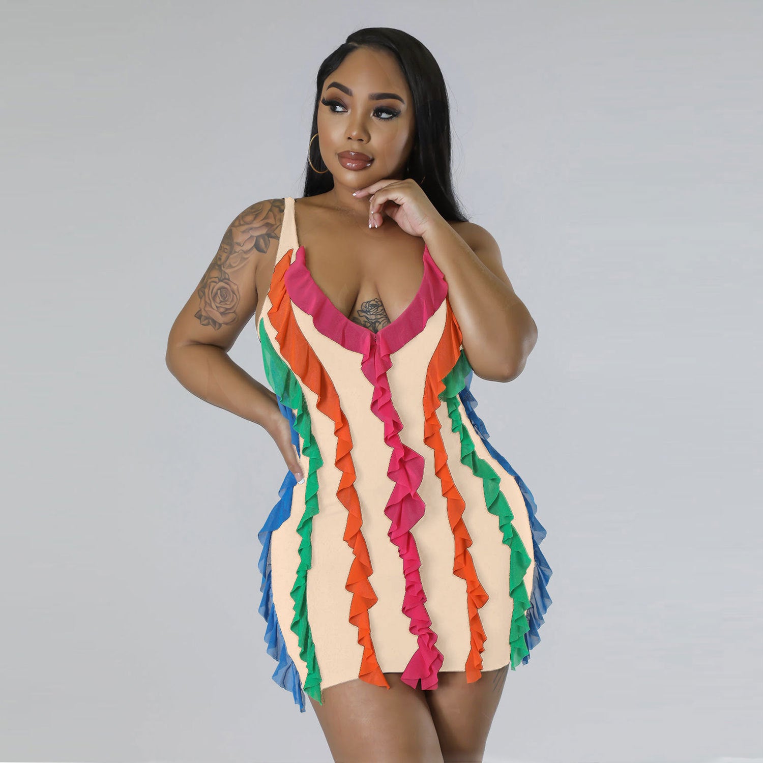 Women Contrasting Ruffles Line Irregular Mini Dress 4