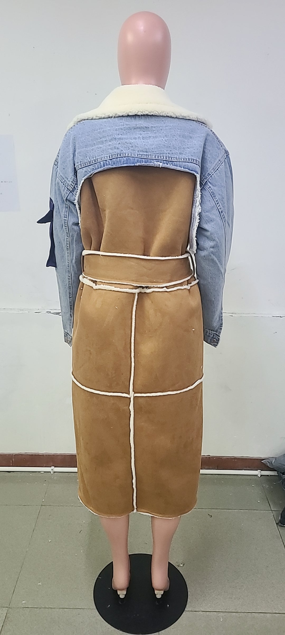 Winter Blue Denim Patch Fleece Full Sleeves Thick Long Coat 6