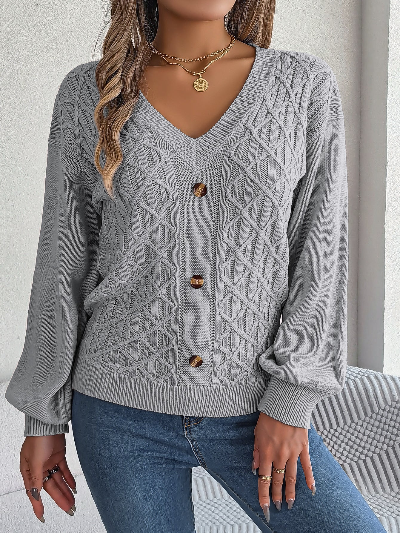 Women Casual Button Balloon Sleeve Sweater 3