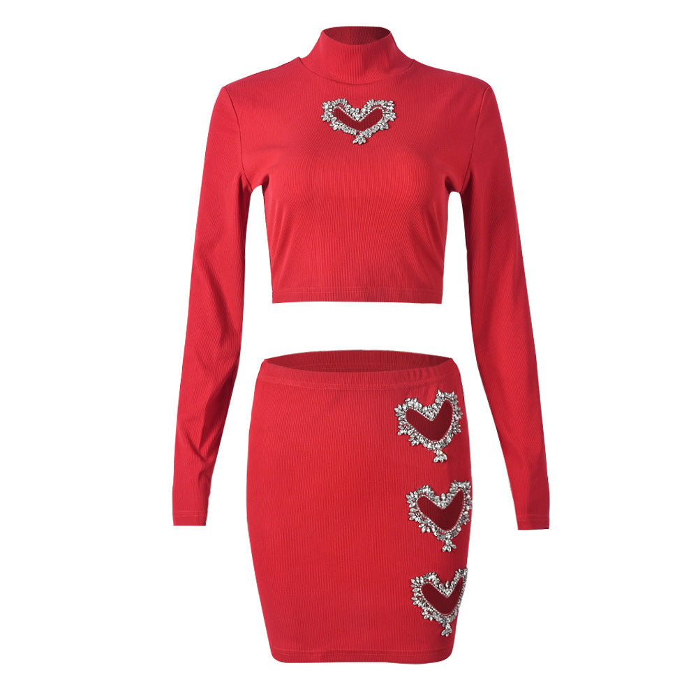 Rhinestone Heart Hollow Crop T-Shirt Short Skirt Fashion Casual Two Piece Set For Women 13