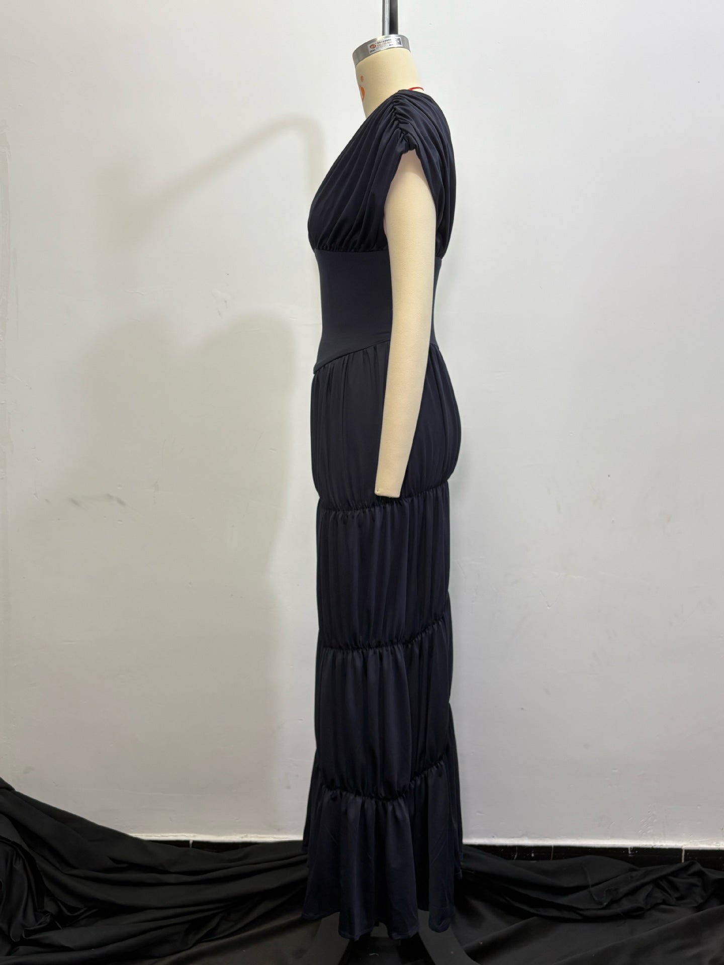 Women Summer Navy V-Neck Puff Sleeve Ruffle Dress 8