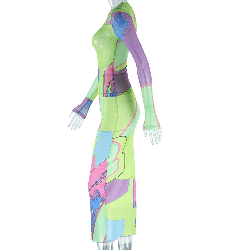 Fashion Print Round Neck Long Sleeve Top Slim Long Skirt Two Piece Set 8