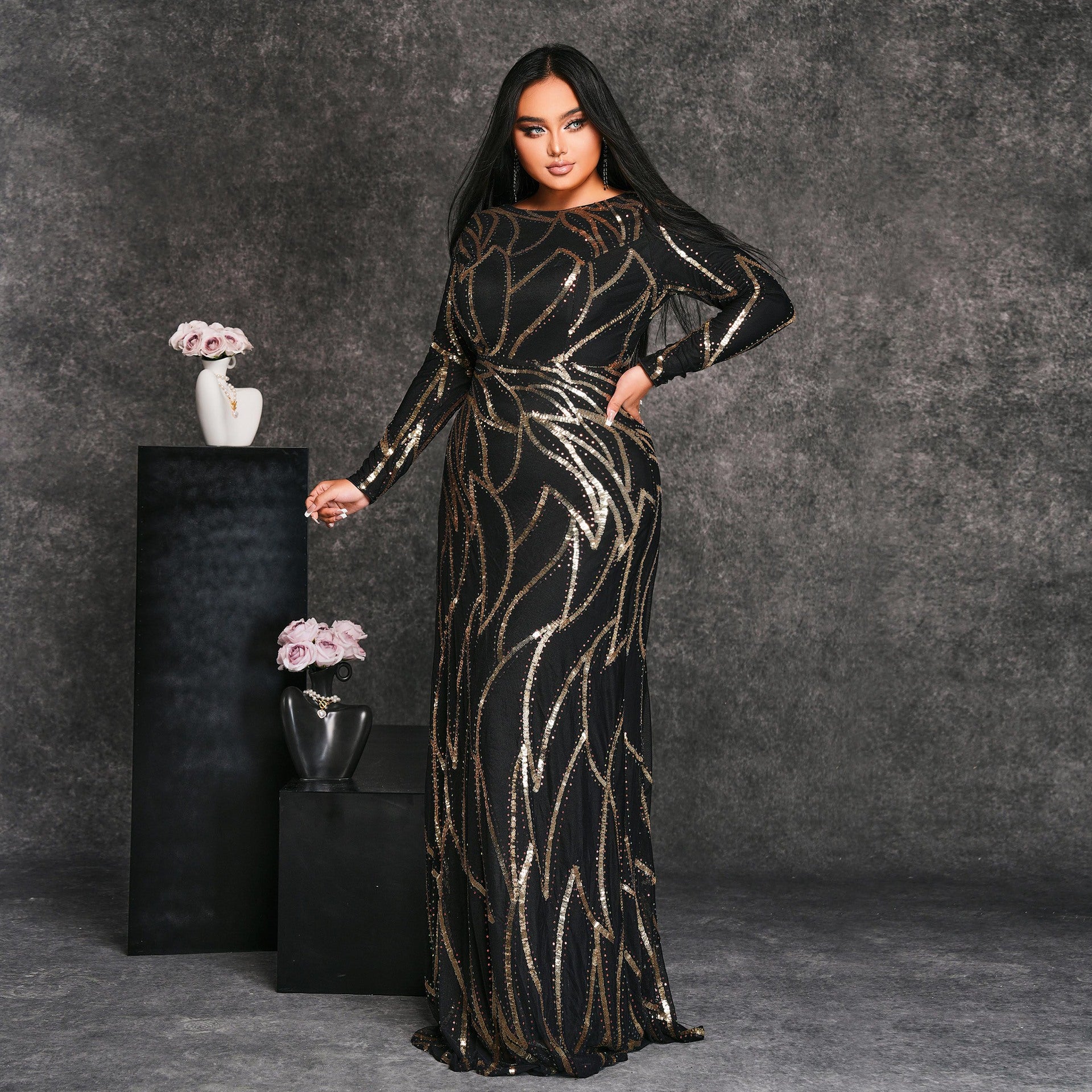 Plus Size Women's Long Sleeve Round Neck Formal Party Sexy Sequin Evening Dress 5