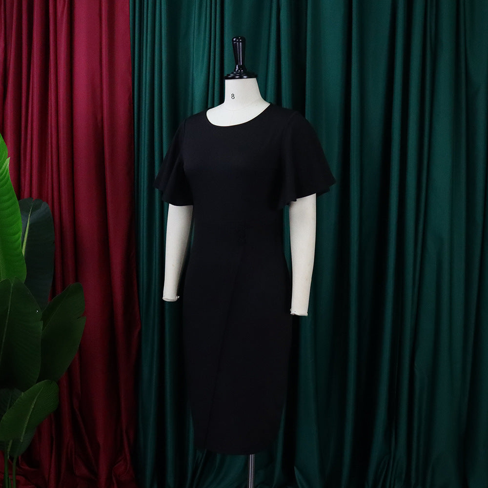 Women's Summer Solid Color High Waist Chic Career Ruffle Sleeve Office Dress 25