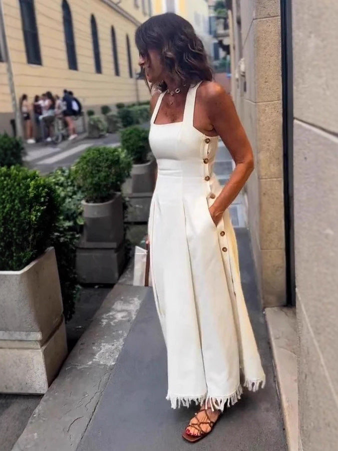 Women's Bohemian Fringe Slit White Dress 3