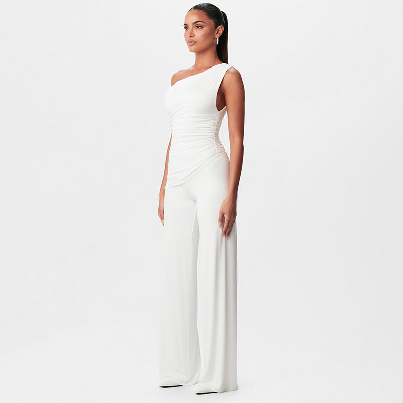 Women's Spring Summer Slash-Shoulder Gathered Waist Top Loose Pants Set