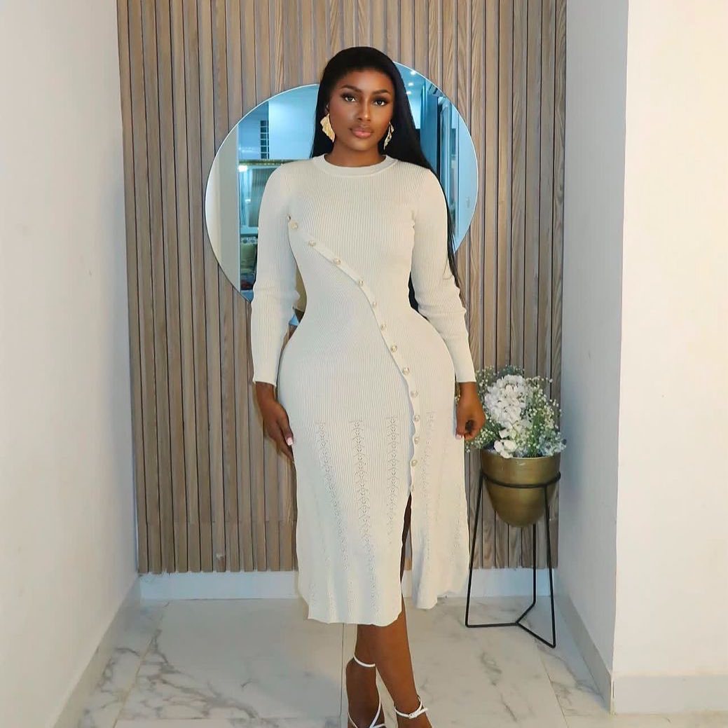 Women Fall French Elegance Metal Button Ribbed Knitting Dress 3