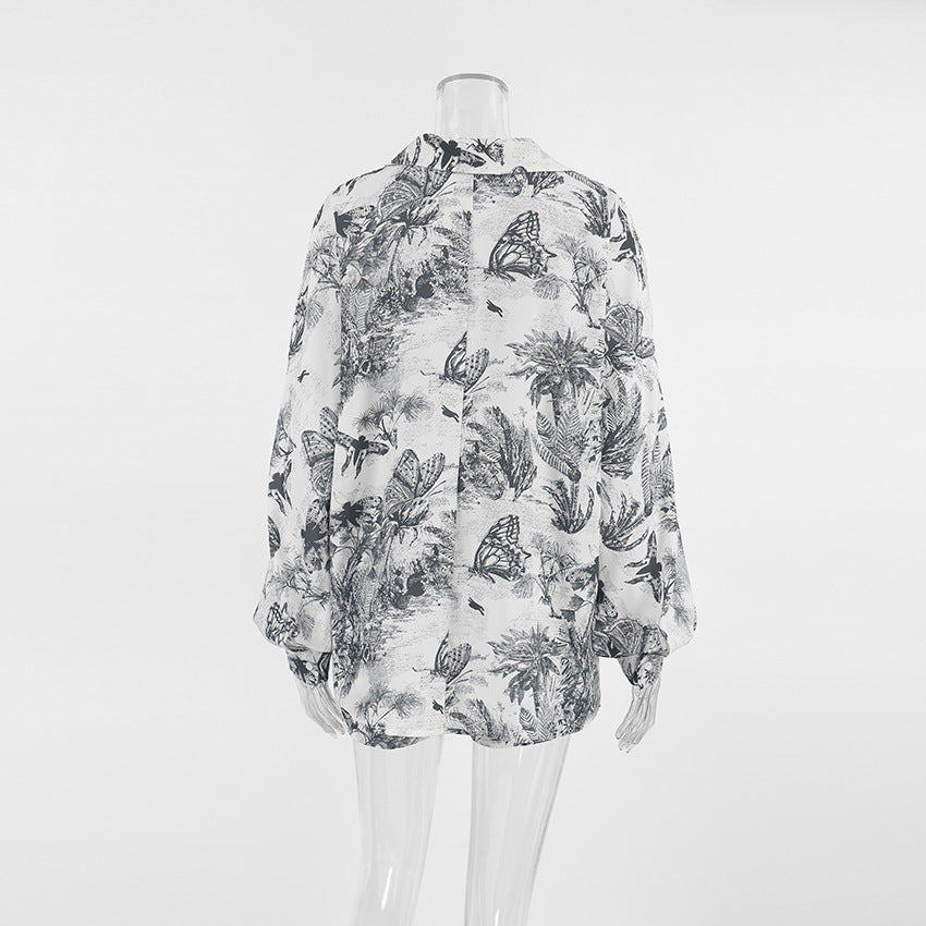 Women Spring Printed Top and Shorts Two-piece Set 7