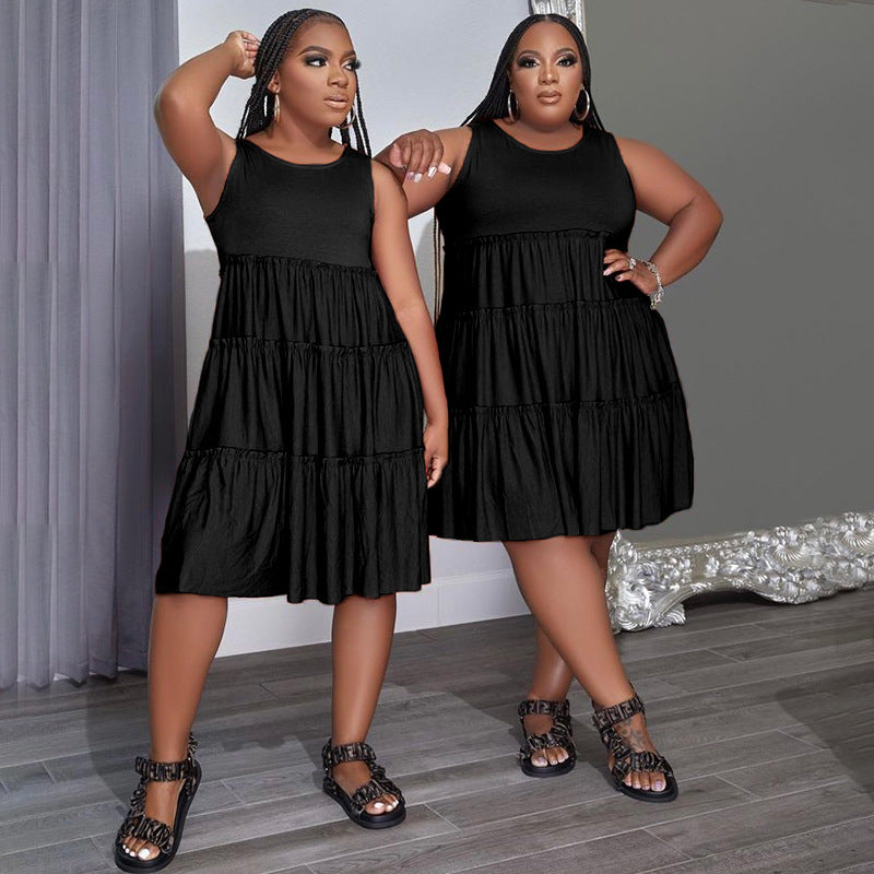 Summer Solid Round Neck Sleeveless Casual Women's Fashion Pleated Casual Dress