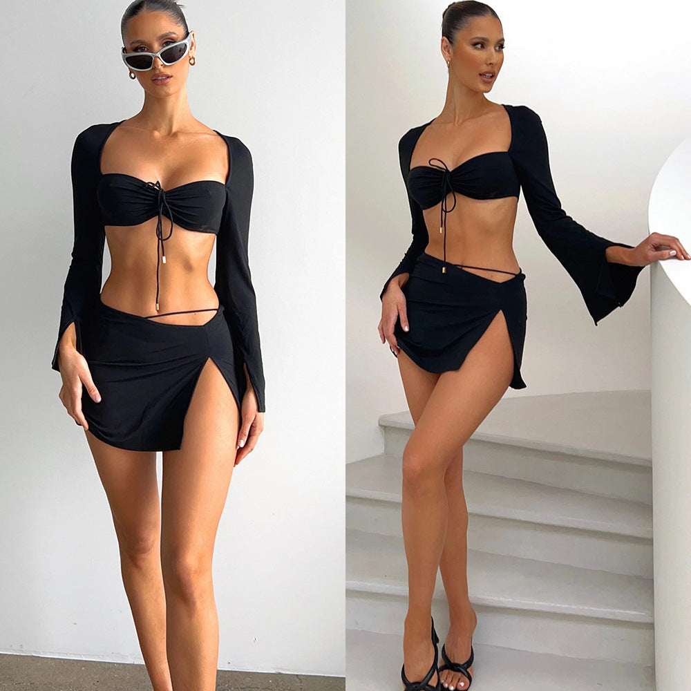 Women Lace-Up Long Sleeve Crop Top And Slit Skirt Two-Piece Set 4