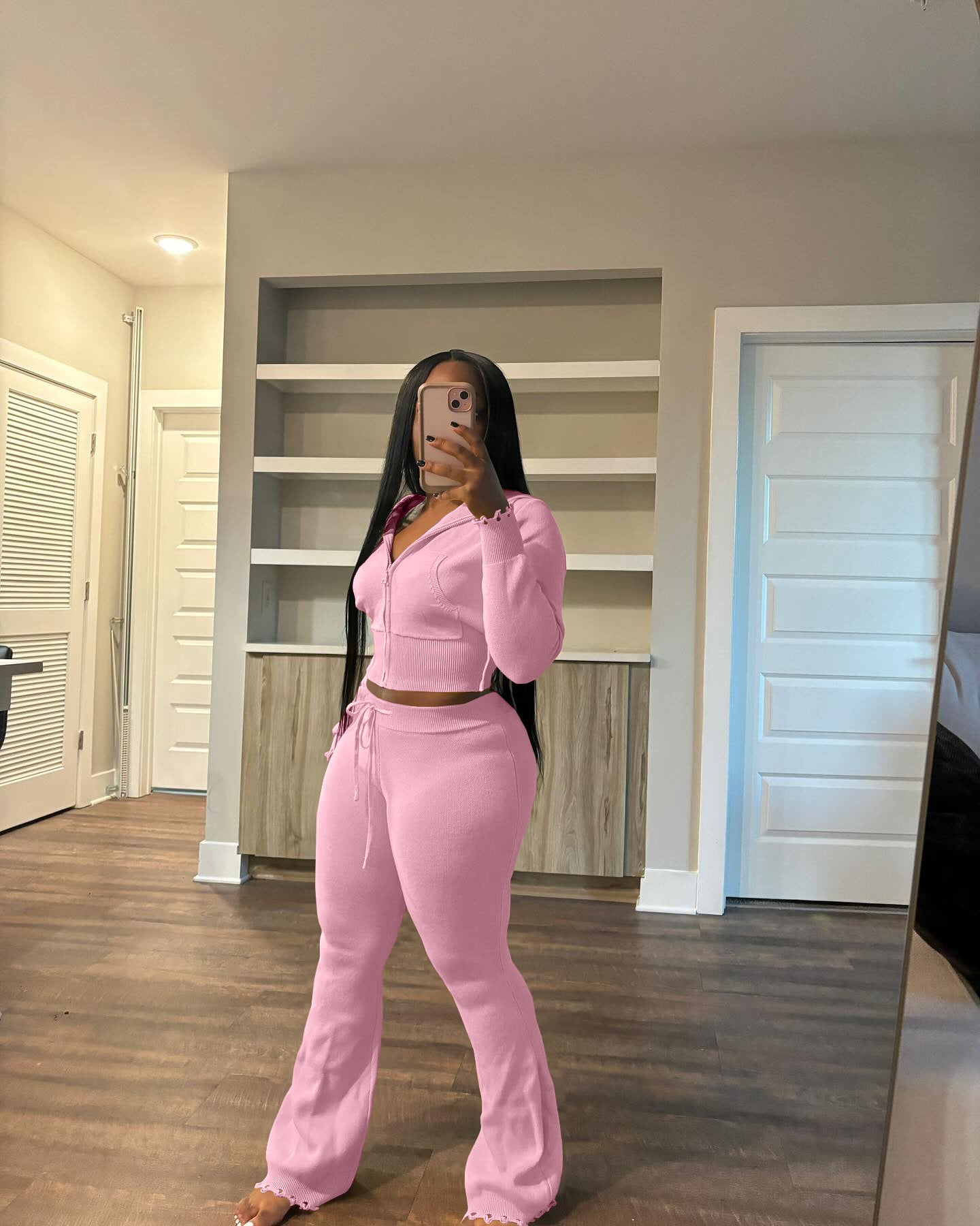 Autumn And Winter Women's Zipper Hooded Sweater Knitting Pants Fashion Casual Sports Two Piece Set 5