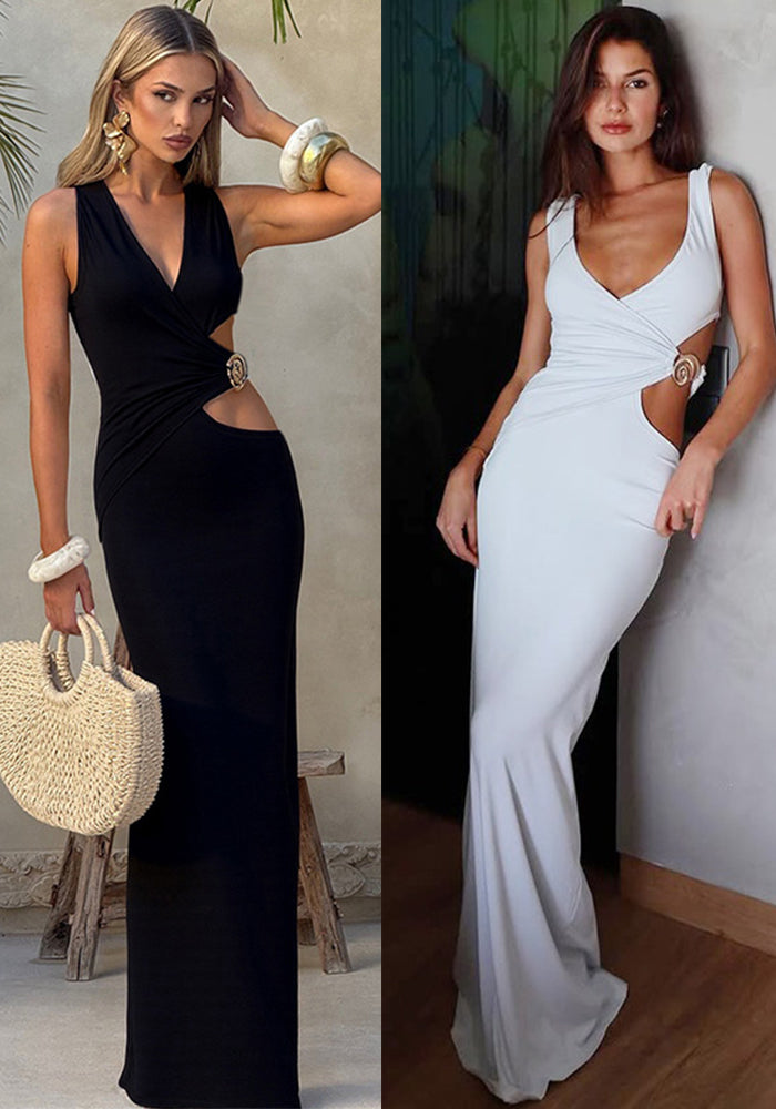 Sexy Solid V-Neck Long Dress with Sheer Cutouts Bodycon Dress