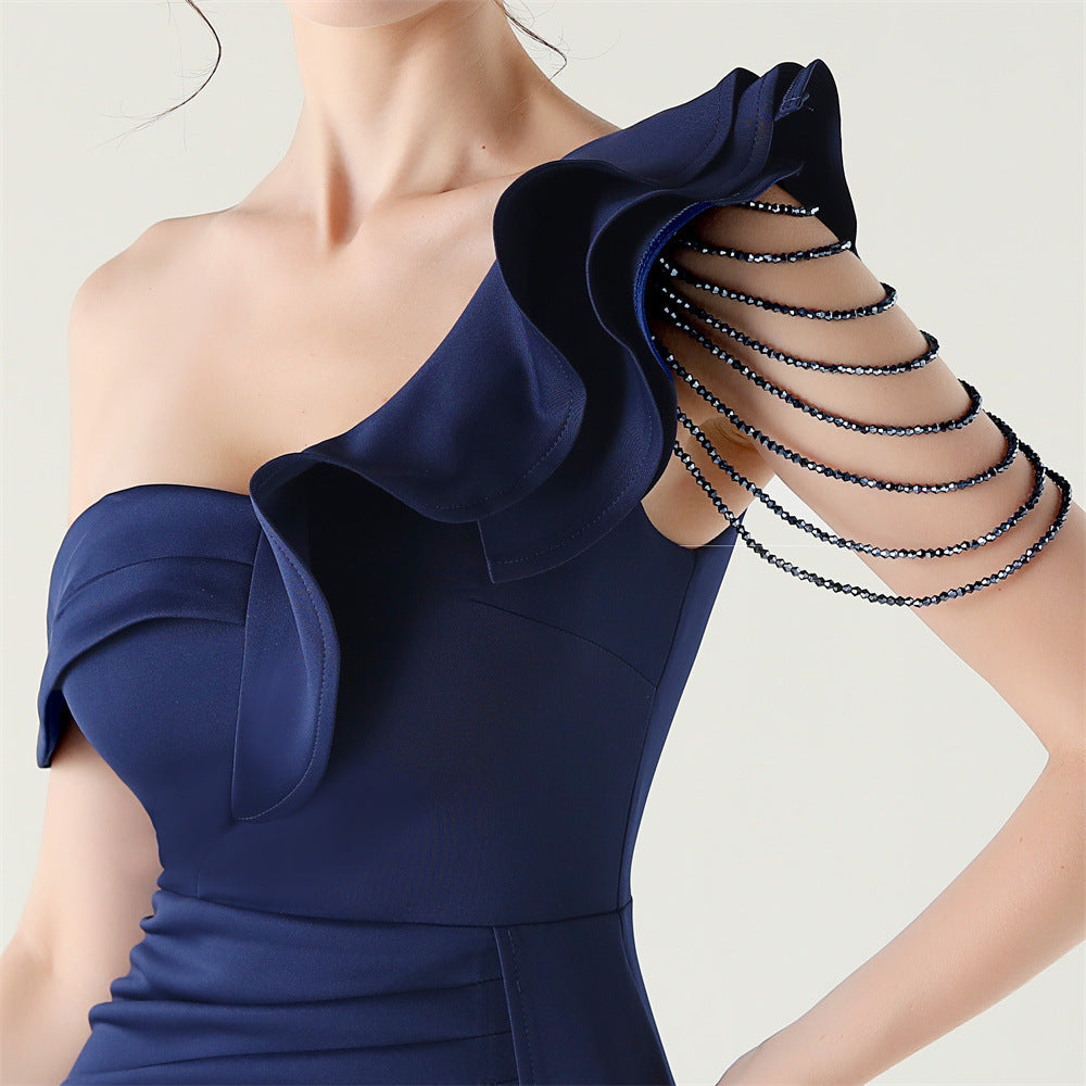 Women pleated one-shoulder beaded ruffle fishtail formal party evening dress 28