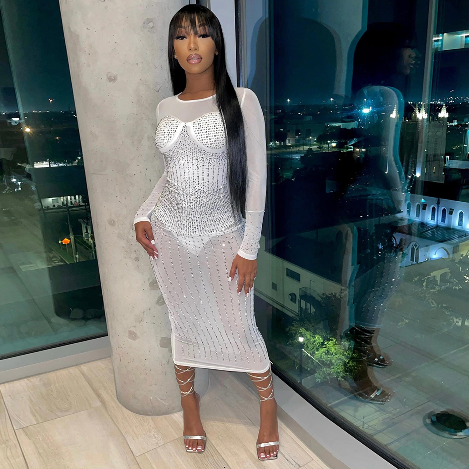 Fall Winter Women's Sexy Mesh Beaded One Piece Long Sleeve Dress 5