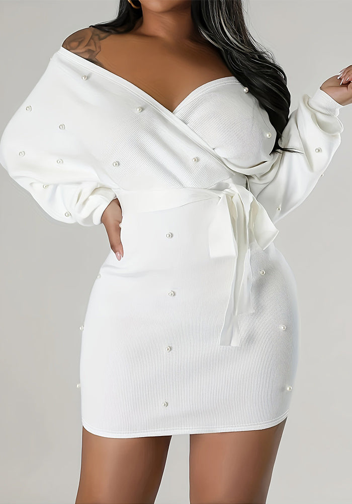 Women Beaded Casual Long-Sleeved Solid Off-The-Shoulder Dress