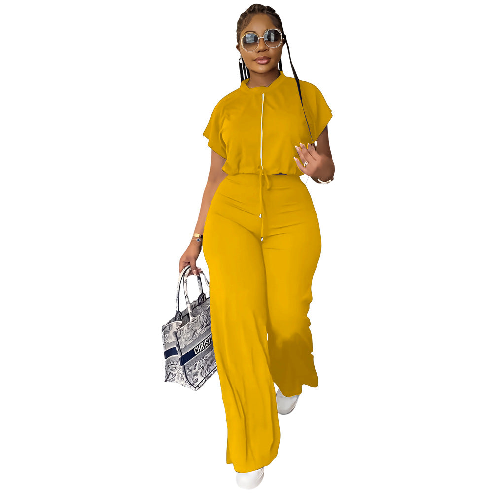 Summer Drawstring High Waist Slit Women's Fashion Two-Piece Pants Set 8