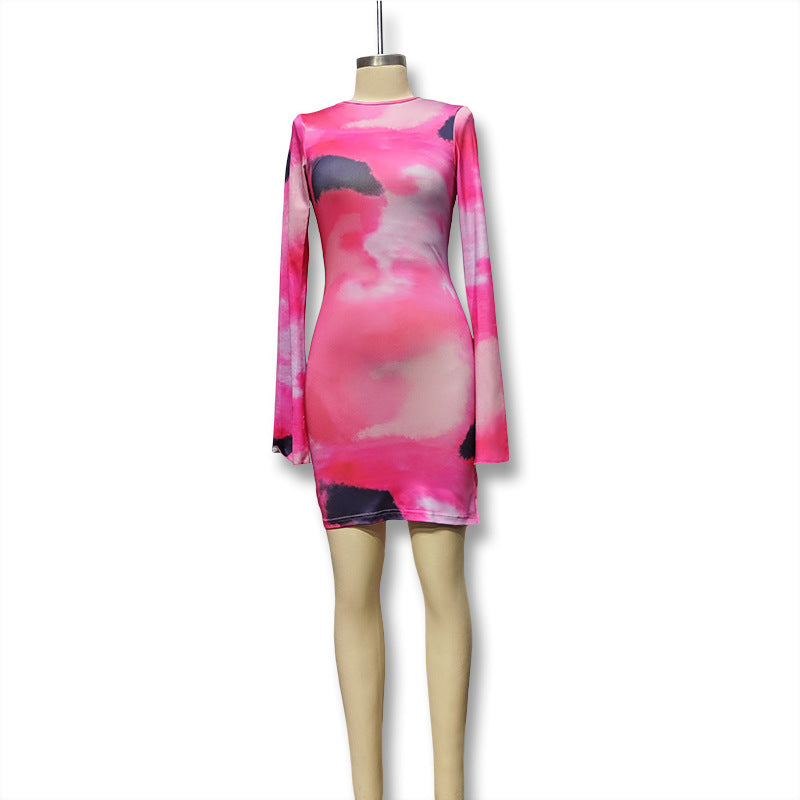 Women's Round Neck Long Sleeve Printed Chic Elegant Bodycon Dress 7