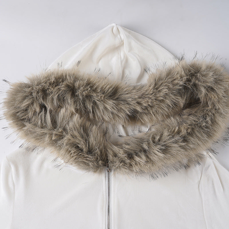 Women American-Style Fall/Winter Sport Velvet Letter Print Fur Collar Hooded Long-Sleeved Jacket and Pants Two-Piece Set 27