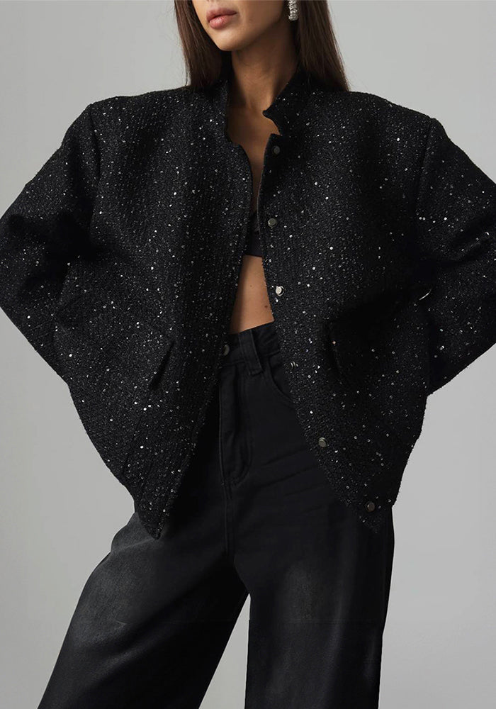 Women gold thread sequined Stand Collar jacket