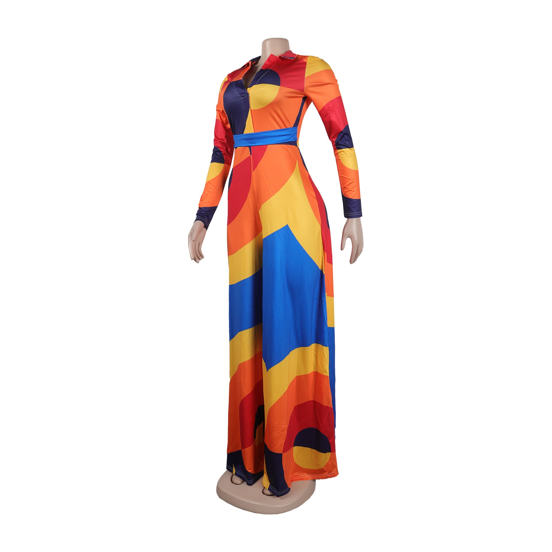 Sexy Slim Deep V Printed Wide Leg Turndown Collar Slim Waist Long Sleeve Jumpsuit 14