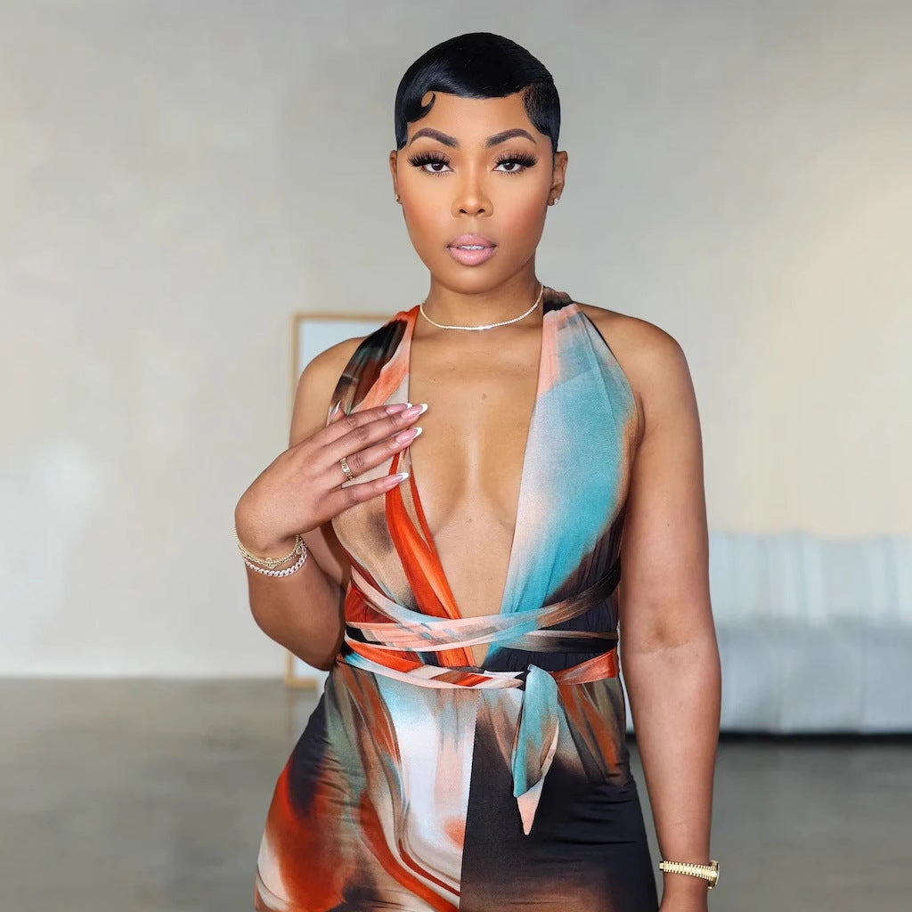 Women sexy print Backless Halter Neck Jumpsuits 5