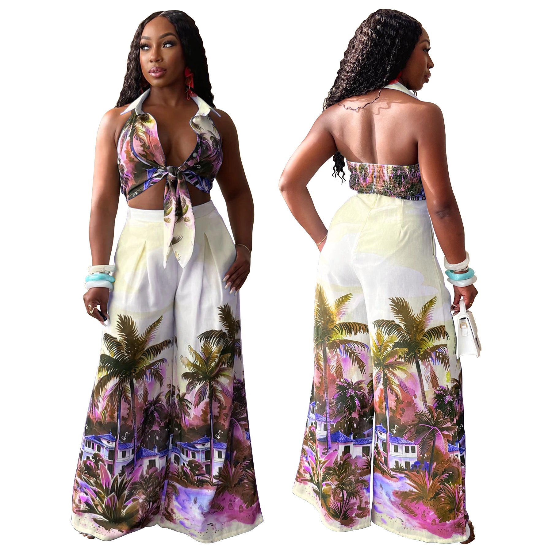 Women Printed Sleeveless Shirt and Wide Leg Pants Two Piece Set 3