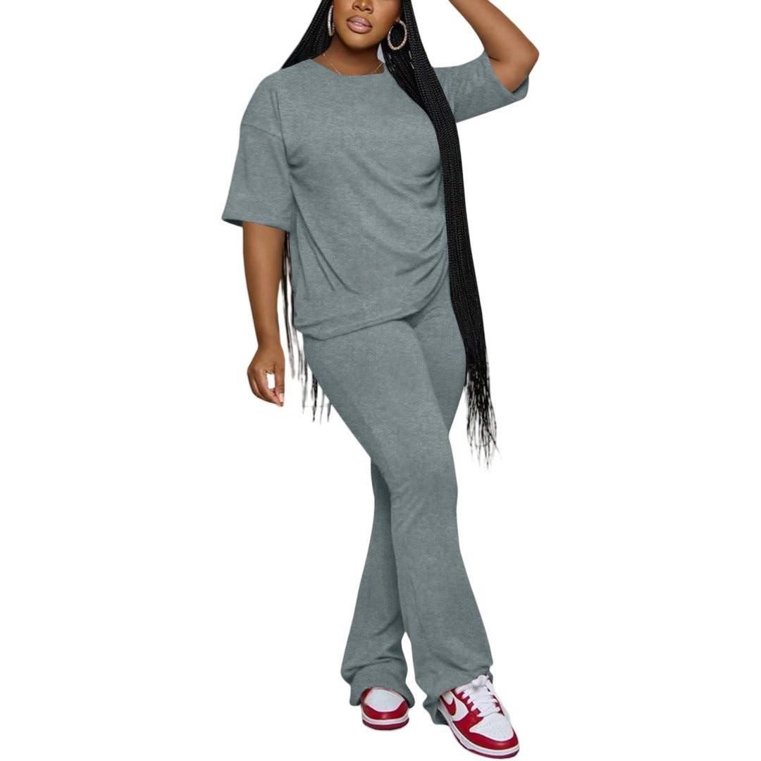 Women Casual Solid Round Neck Top and Pants Two-Piece Set 9