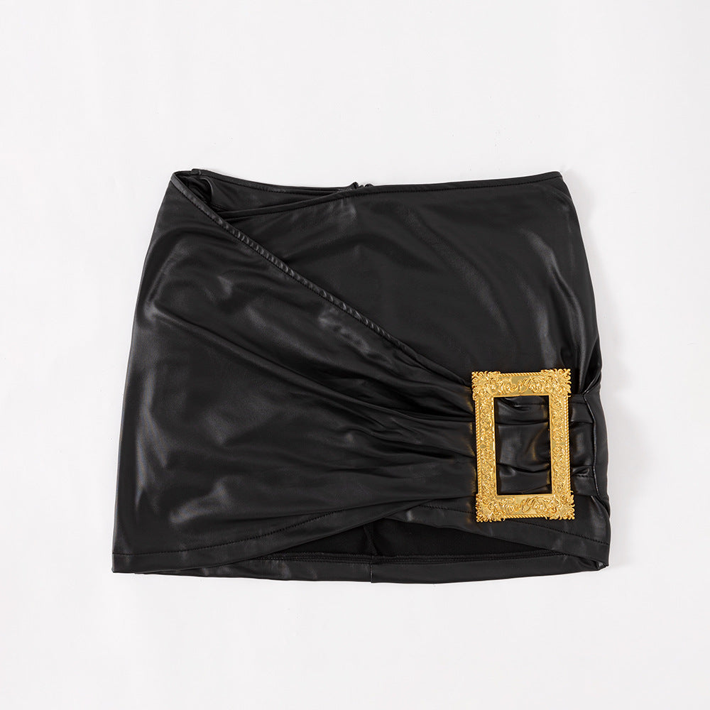 Women sexy irregular gold button pu leather skirt 9
