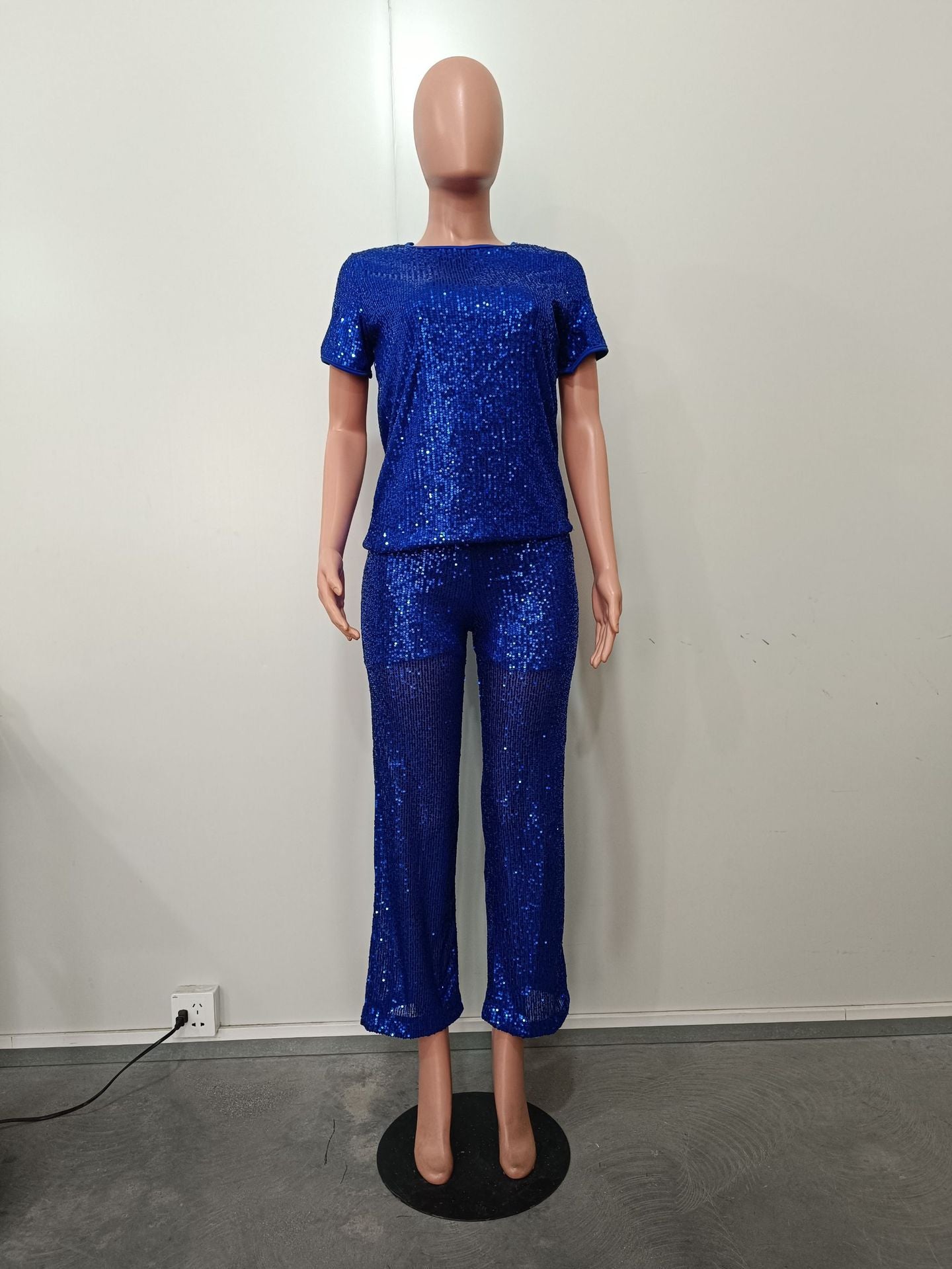 Women Spring Summer Sequin Solid Short Sleeve Top and Pants Two-piece Set 29