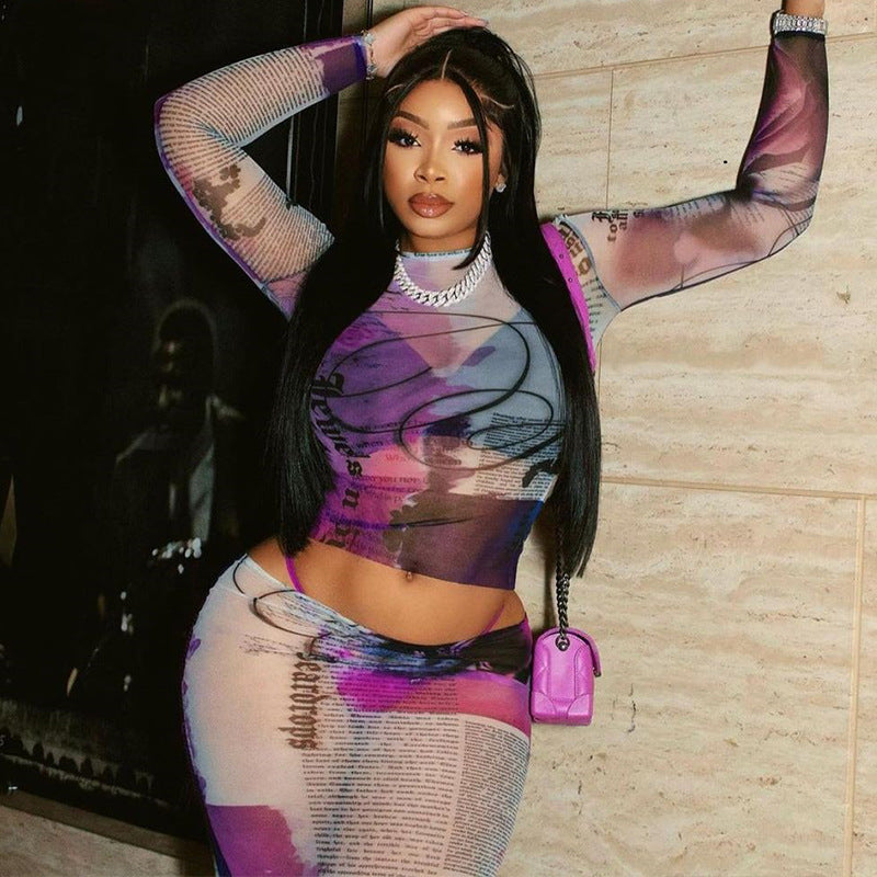 Sexy Printed  See-Through Mesh Round Neck Long Sleeve Top Slim Skirt Fashion Two Piece Women Set 4