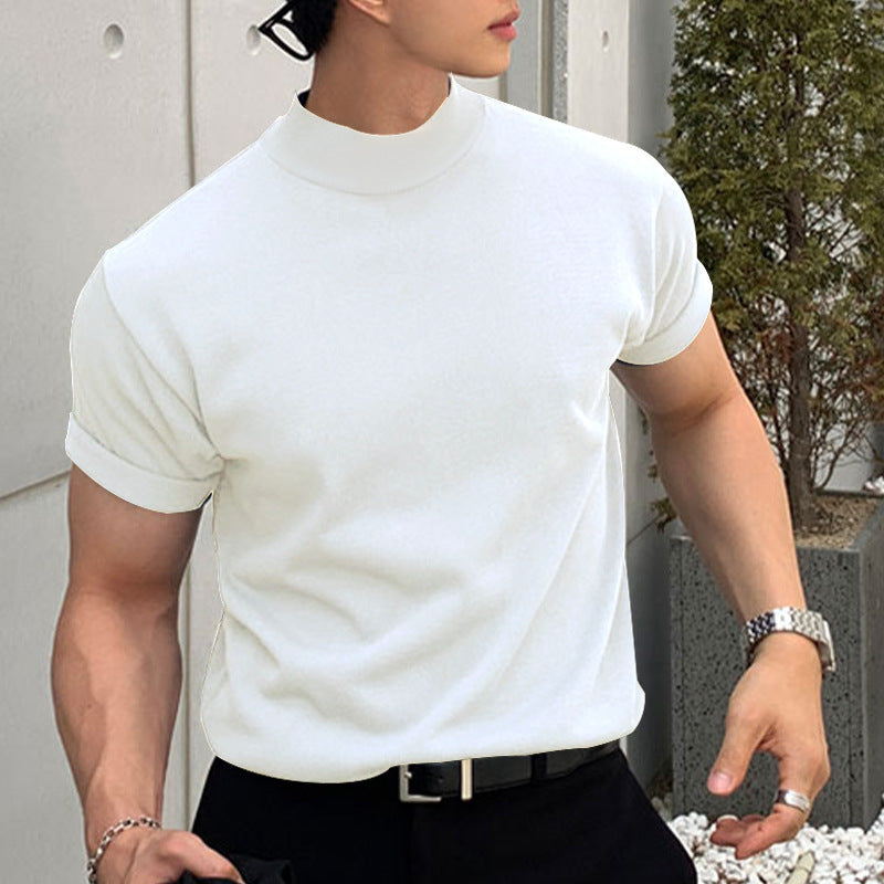Men Summer Solid High Neck Short Sleeve T-shirt
