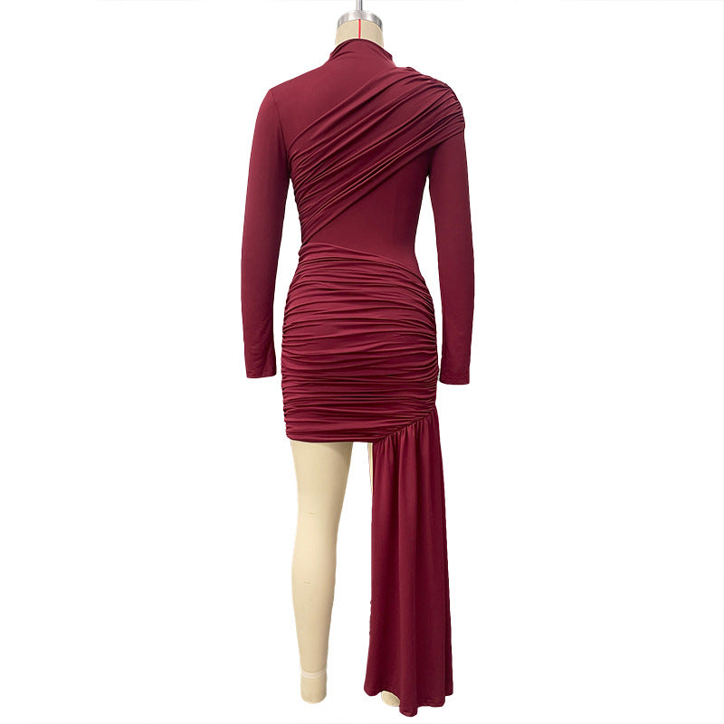 Women's Autumn Fashion Slim Fit Round Neck Long Sleeve Shirred Bodycon Irregular Ribbon Dress 18