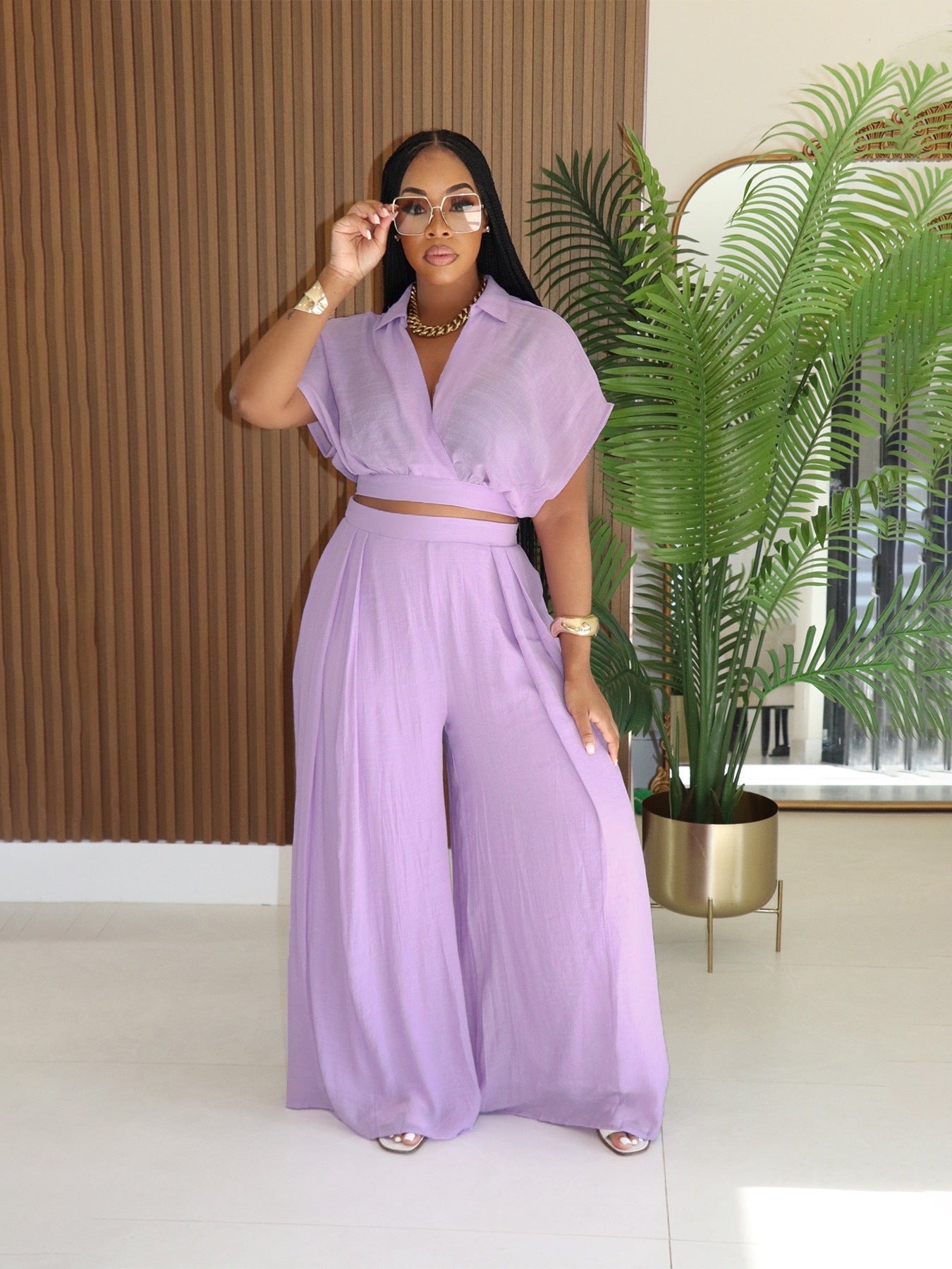 Women Casual Holidays Summer Turndown Collar Short Top & High-Waist Wide-Leg Pants Set 6