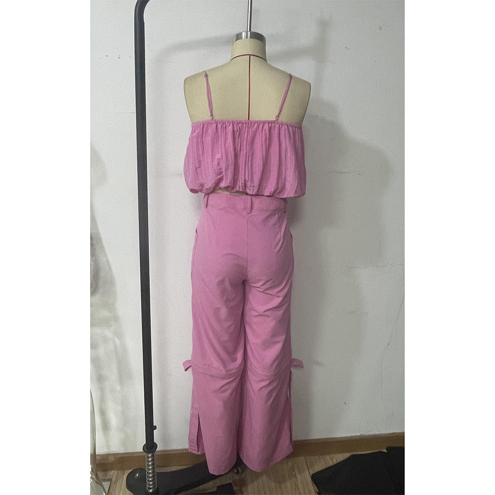 Spring Summer Sexy Camisole Loose Straight Trousers Casual Holidays Two Piece Set 9