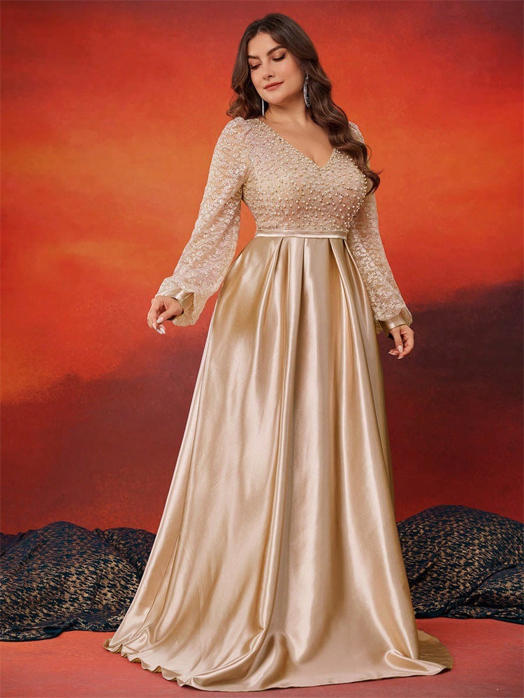 Plus Size Women Sequin Contrast Color Satin Long Sleeve V Neck Elegant Dinner Ball Evening Dress 6
