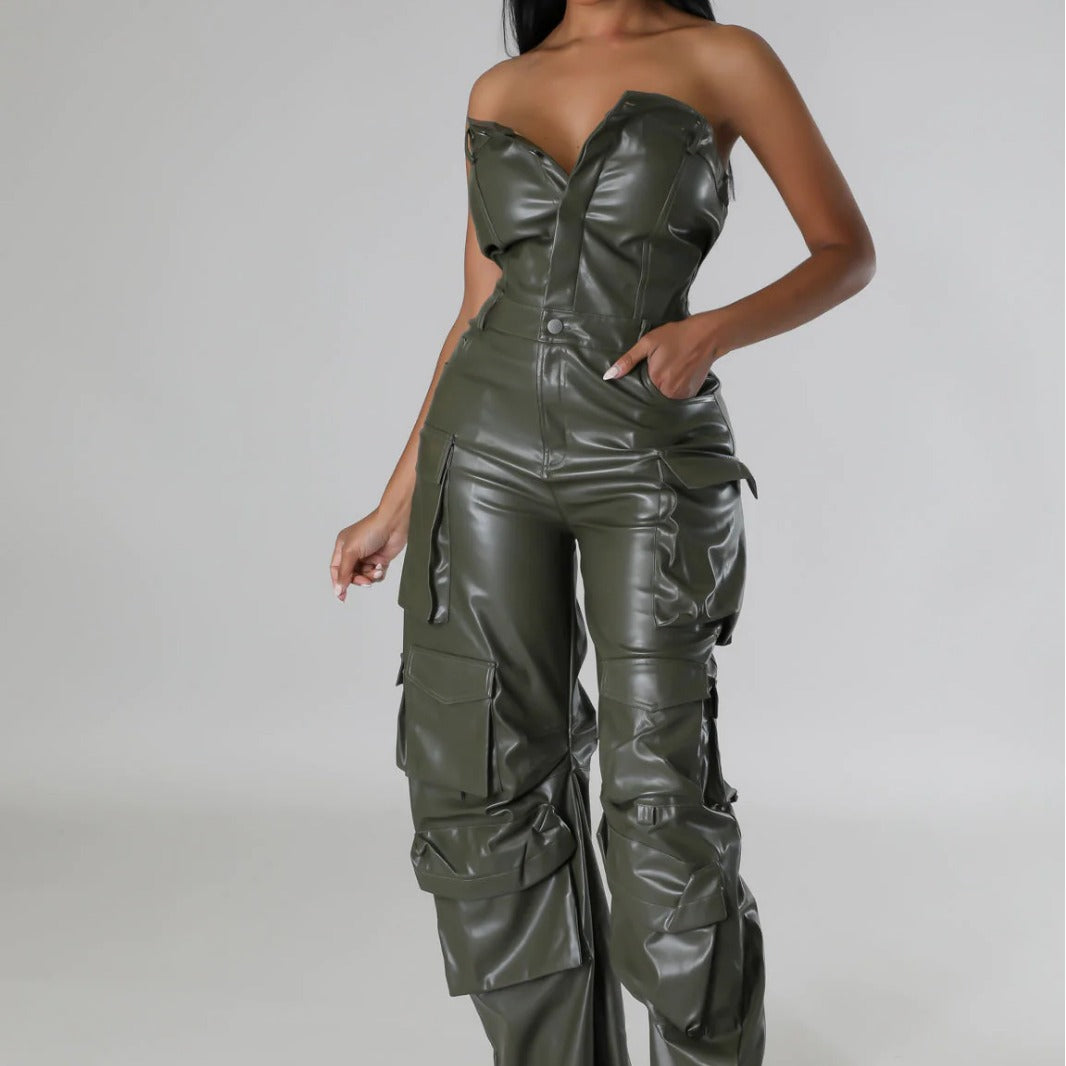 Women's Strapless Low Back Slim Fit Trendy Pocket Jumpsuit 13