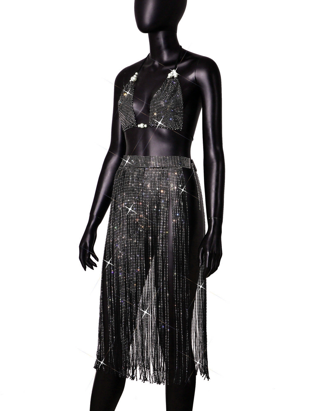 Strap Low Back Nightclub Sexy Fishnet Skirt Set 7