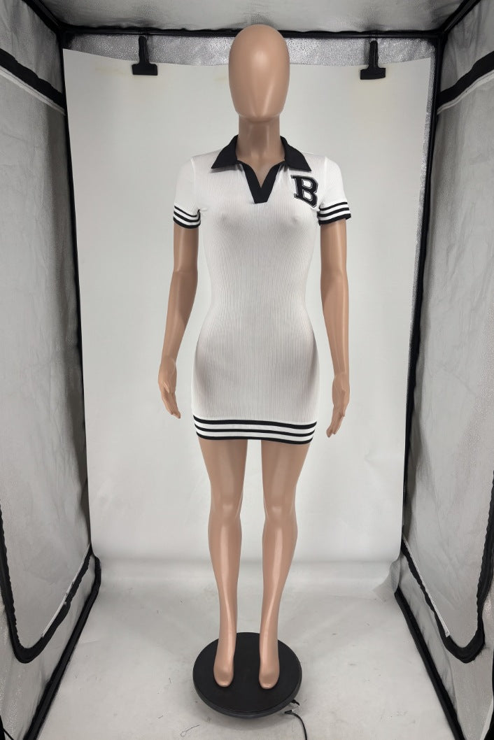 Women Turndown Collar Short Sleeve Ribbed Sexy Dress 16