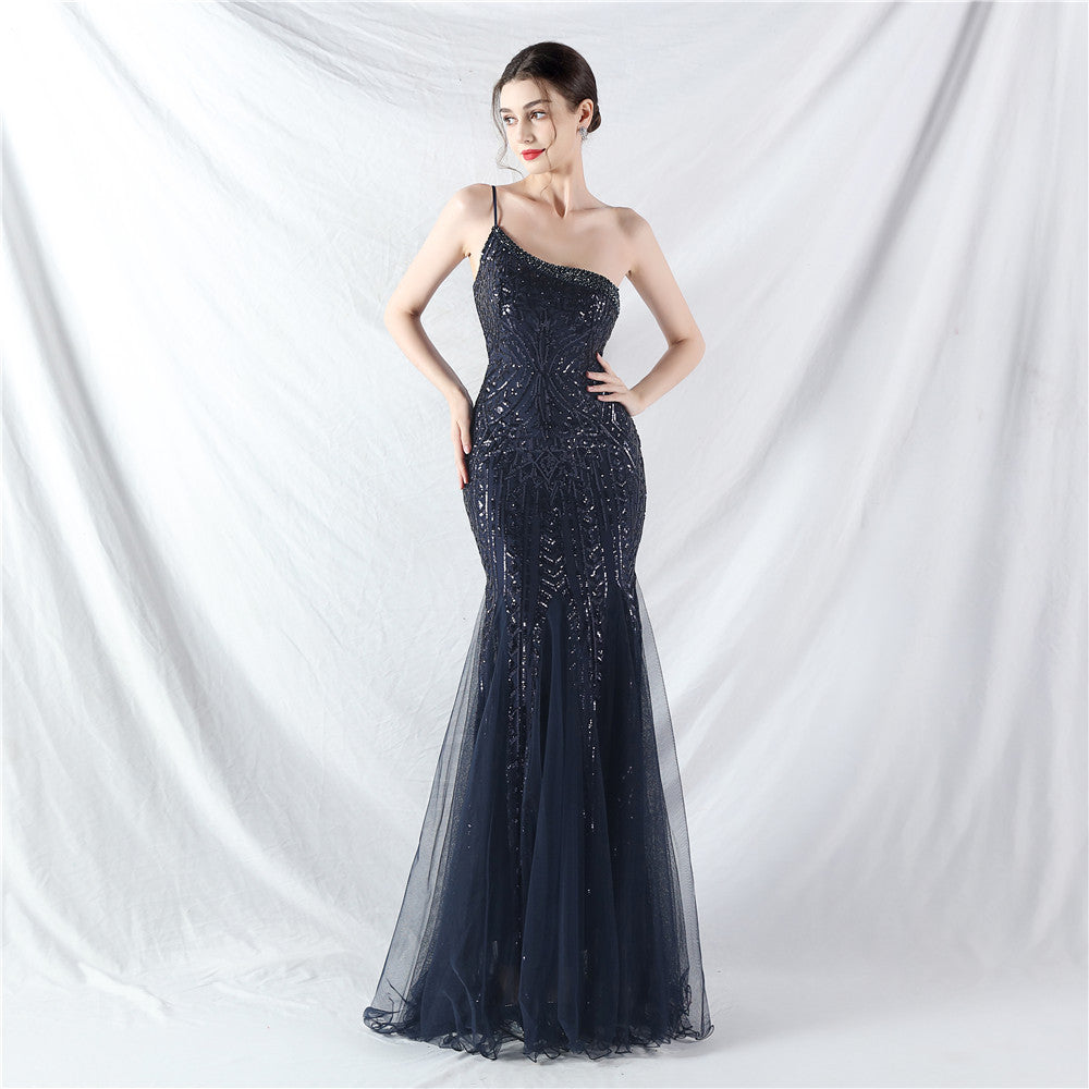 Sexy One Shoulder Sequins Mesh Patchwork Evening Dress 13