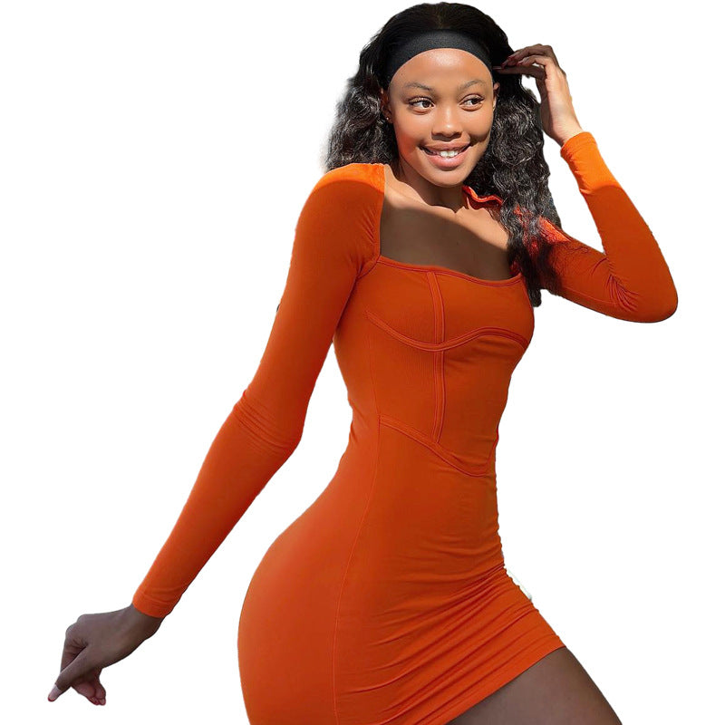Autumn And Winter Women's Fashion Long Sleeve Sexy Square Neck Low Cut Slim Bodycon Dress 7