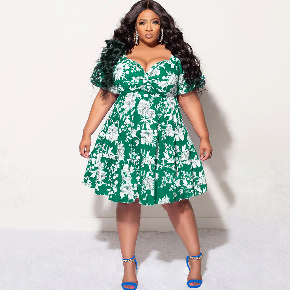 Summer Plus Size Women's Printed Dress Sexy Fashion Casual V Neck Midi Dress 6