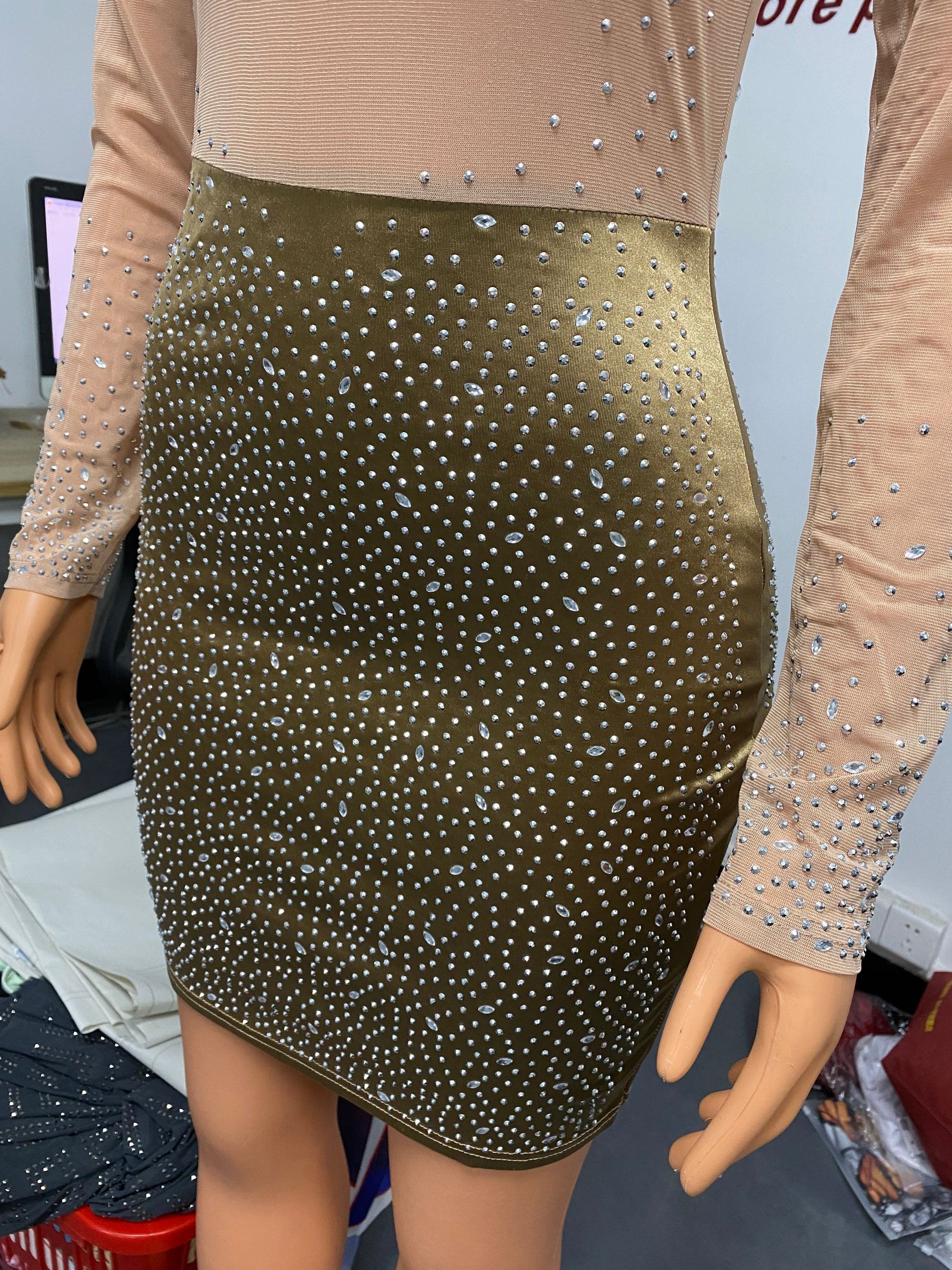 Autumn Women'S Fashion Sexy Mesh Long Sleeve Rhinestone Beaded Bodycon Club Dress 13